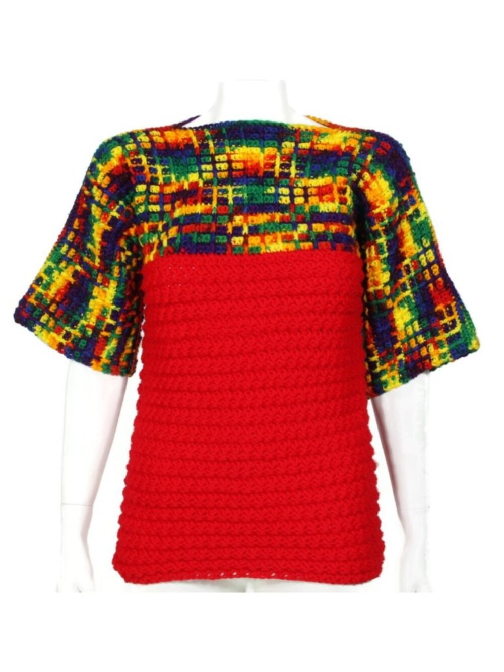 Vintage Homespun Mosaic Rainbow Red Body Granny Sweater Womens size XS /510